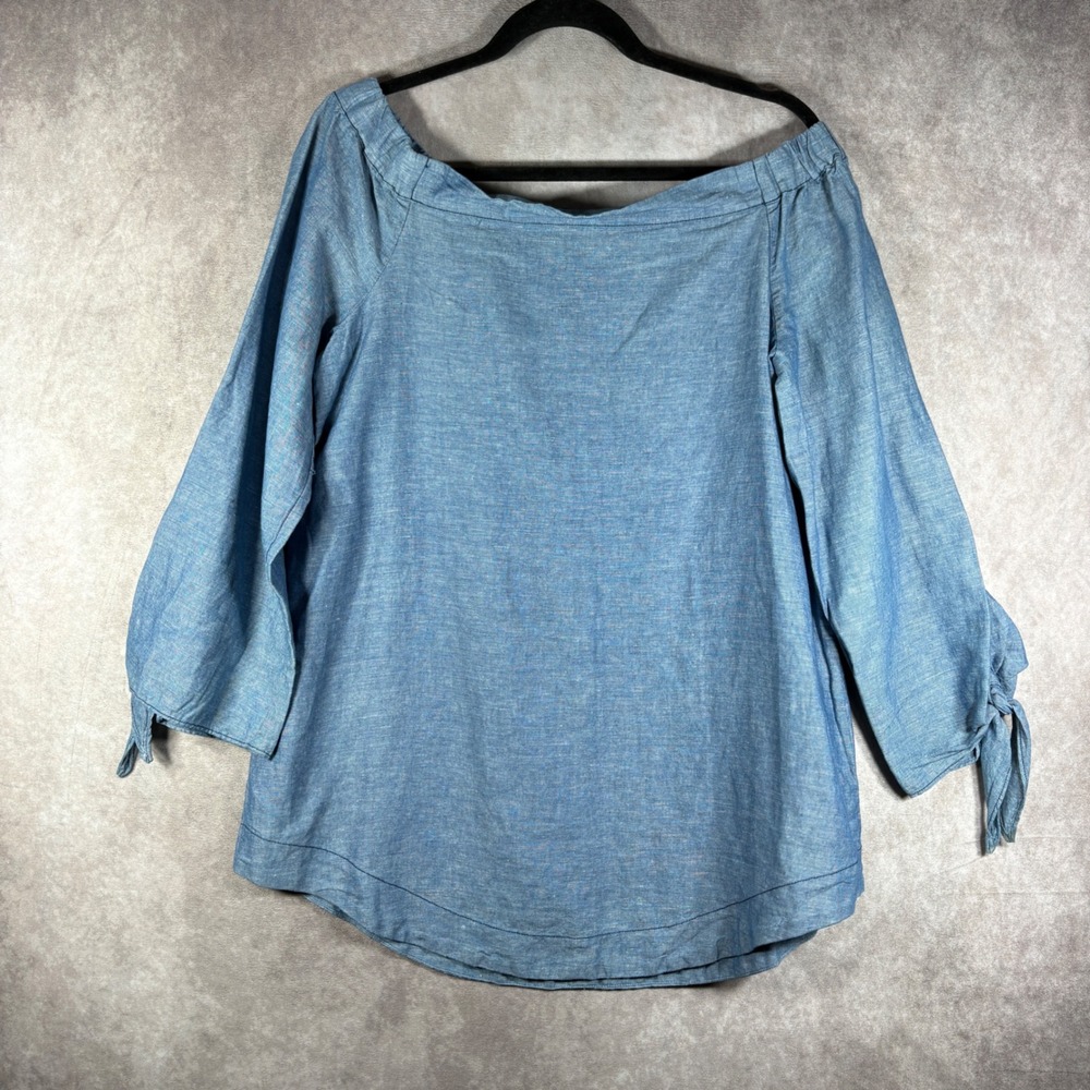 Free People Top Womens Small Blue Off The Shoulder Chambray Linen Blend Tie Boho
